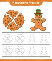 Handwriting practice. Tracing lines of Gingerbread Man and Cookies. Educational children game, printable worksheet, vector illustration