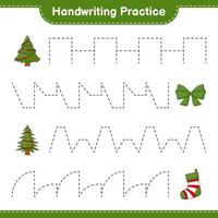 Handwriting practice. Tracing lines of Tree, Ribbon, and Christmas Sock. Educational children game, printable worksheet, vector illustration