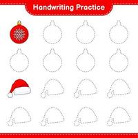 Handwriting practice. Tracing lines of Christmas Ball and Santa Hat. Educational children game, printable worksheet, vector illustration