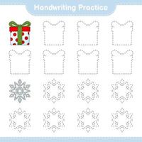 Handwriting practice. Tracing lines of Snowflake and Gift Box. Educational children game, printable worksheet, vector illustration