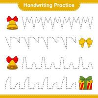 Handwriting practice. Tracing lines of Christmas Bell, Ribbon, and Gift Box. Educational children game, printable worksheet, vector illustration