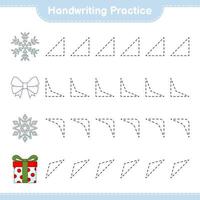 Handwriting practice. Tracing lines of Ribbon, Snowflake, and Gift Box. Educational children game, printable worksheet, vector illustration