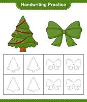 Handwriting practice. Tracing lines of Ribbon and Christmas Tree. Educational children game, printable worksheet, vector illustration