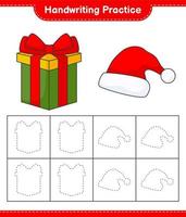 Handwriting practice. Tracing lines of Santa Hat and Gift Box. Educational children game, printable worksheet, vector illustration