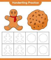 práctica de escritura a mano. trazando líneas de hombre de pan de jengibre y galletas. juego educativo para niños, hoja de cálculo imprimible, ilustración vectorial vector