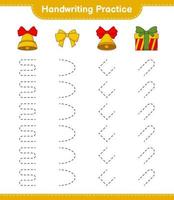 Handwriting practice. Tracing lines of Christmas Bell, Ribbon, and Gift Box. Educational children game, printable worksheet, vector illustration