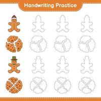 Handwriting practice. Tracing lines of Cookies and Gingerbread Man. Educational children game, printable worksheet, vector illustration