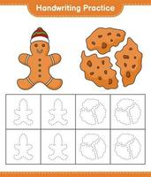 práctica de escritura a mano. trazando líneas de hombre de pan de jengibre y galletas. juego educativo para niños, hoja de cálculo imprimible, ilustración vectorial vector