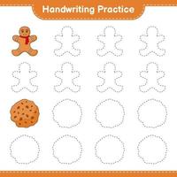 Handwriting practice. Tracing lines of Gingerbread Man and Cookies. Educational children game, printable worksheet, vector illustration