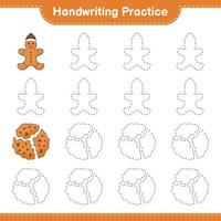 Handwriting practice. Tracing lines of Gingerbread Man and Cookies. Educational children game, printable worksheet, vector illustration