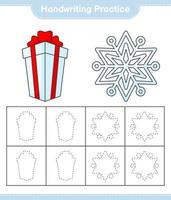 Handwriting practice. Tracing lines of Snowflake and Gift Box. Educational children game, printable worksheet, vector illustration