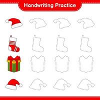 Handwriting practice. Tracing lines of Santa Hat, Gift Box, and Christmas Sock. Educational children game, printable worksheet, vector illustration