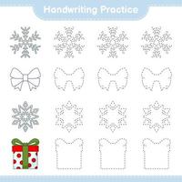 Handwriting practice. Tracing lines of Ribbon, Snowflake, and Gift Box. Educational children game, printable worksheet, vector illustration