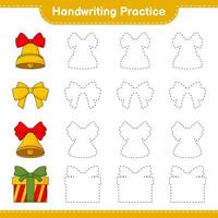 Handwriting practice. Tracing lines of Christmas Bell, Ribbon, and Gift Box. Educational children game, printable worksheet, vector illustration