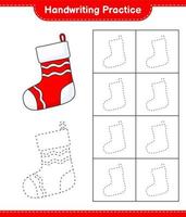 Handwriting practice. Tracing lines of Christmas Sock. Educational children game, printable worksheet, vector illustration