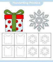 Handwriting practice. Tracing lines of Snowflake and Gift Box. Educational children game, printable worksheet, vector illustration