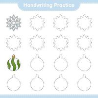 Handwriting practice. Tracing lines of Snowflake and Christmas Ball. Educational children game, printable worksheet, vector illustration