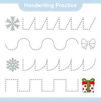 Handwriting practice. Tracing lines of Ribbon, Snowflake, and Gift Box. Educational children game, printable worksheet, vector illustration