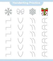 Handwriting practice. Tracing lines of Ribbon, Snowflake, and Gift Box. Educational children game, printable worksheet, vector illustration