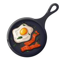 Cartoon bacon with fried eggs in a frying pan. vector