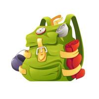 Cartoon hiking backpack with a cauldron, compass. vector