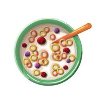 Cartoon breakfast. Milk with sweet rings and berries. vector