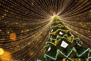 High city Christmas tree in the park with a cap of lights garlands, glows at night on the street. Christmas, new year, decoration of the city. Kaluga, Russia photo