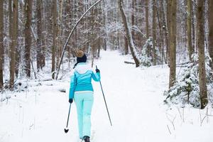 esquiador en rompevientos y sombrero con pompón con bastones de esquí en las manos con la espalda contra el fondo de un bosque nevado. esquí de fondo en el bosque de invierno, deportes al aire libre, estilo de vida saludable. foto