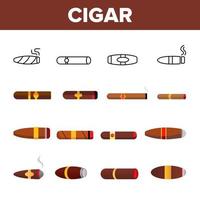 Lit Luxurious Cuban Cigar Vector Icons Set