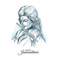 dibujar a mano boceto de arte moderno señor shri krishna janmashtami diseño de tarjeta vector