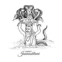 dibujar a mano boceto lord krishna en feliz fondo de tarjeta janmashtami vector