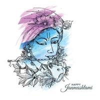 Hand draw sketch lord krishna in happy janmashtami festival card background vector