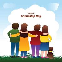 Happy friendship day greeting card with four child friends illustration background vector