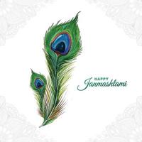 acuarela de plumas de pavo real realista en el diseño de la tarjeta feliz janmashtami