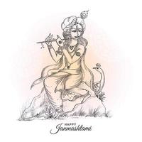 Hand draw sketch lord krishna in happy janmashtami festival card background vector