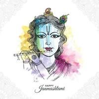 Lord Krishna playing bansuri happy janmashtami holiday artistic background vector