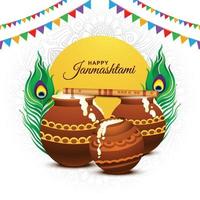 Illustration of dahi handi celebration in happy janmashtami holiday card background vector
