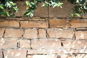 Masonry walls of natural sand color with green natural vegetation in the background in defocus.. Stone texture close-up foreground, ecology, eco-friendly theme photo