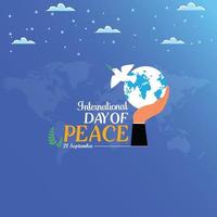 cartel del día internacional de la paz con pájaro blanco y rama de olivo en cielo azul claro, ilustración vectorial vector