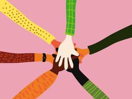 Holding hands circle. Hands of diverse group of people putting together. Concept design of cooperation, teamwork. doodle cartoon vector illustration