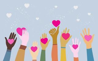 doodle hands up. Hands holding a heart symbol. Concept of charity and donation. Give and share your love to people. vector illustration