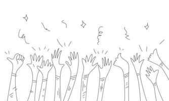 hand drawn of hands up, clapping ovation. applause, thumbs up gesture on doodle style , vector illustration