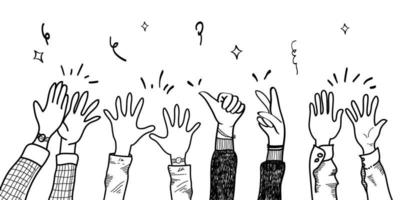 hand drawn of hands up, clapping ovation. applause, thumbs up gesture on doodle style , vector illustration