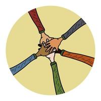 hand drawn of holding hands on circle. cooperation hands gesture on doodle style , vector illustration