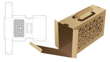 Handle packaging box with stenciled pattern die cut template and 3D mockup vector