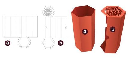 Tall hexagonal with cover which has stenciled pattern die cut template and 3D mockup vector