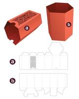 Tall hexagonal shaped box with stenciled tall hexagonal shaped lid die cut template and 3D mockup vector