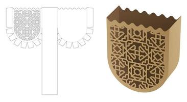 Packaging container with curved edge and stenciled pattern die cut template and 3D mockup vector