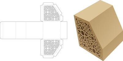 Chamfered box with stenciled pattern die cut template and 3D mockup vector