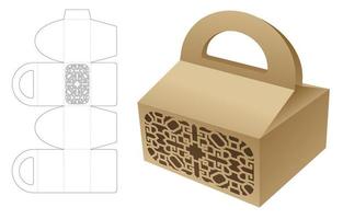 Handle box with stenciled pattern die cut template and 3D mockup vector